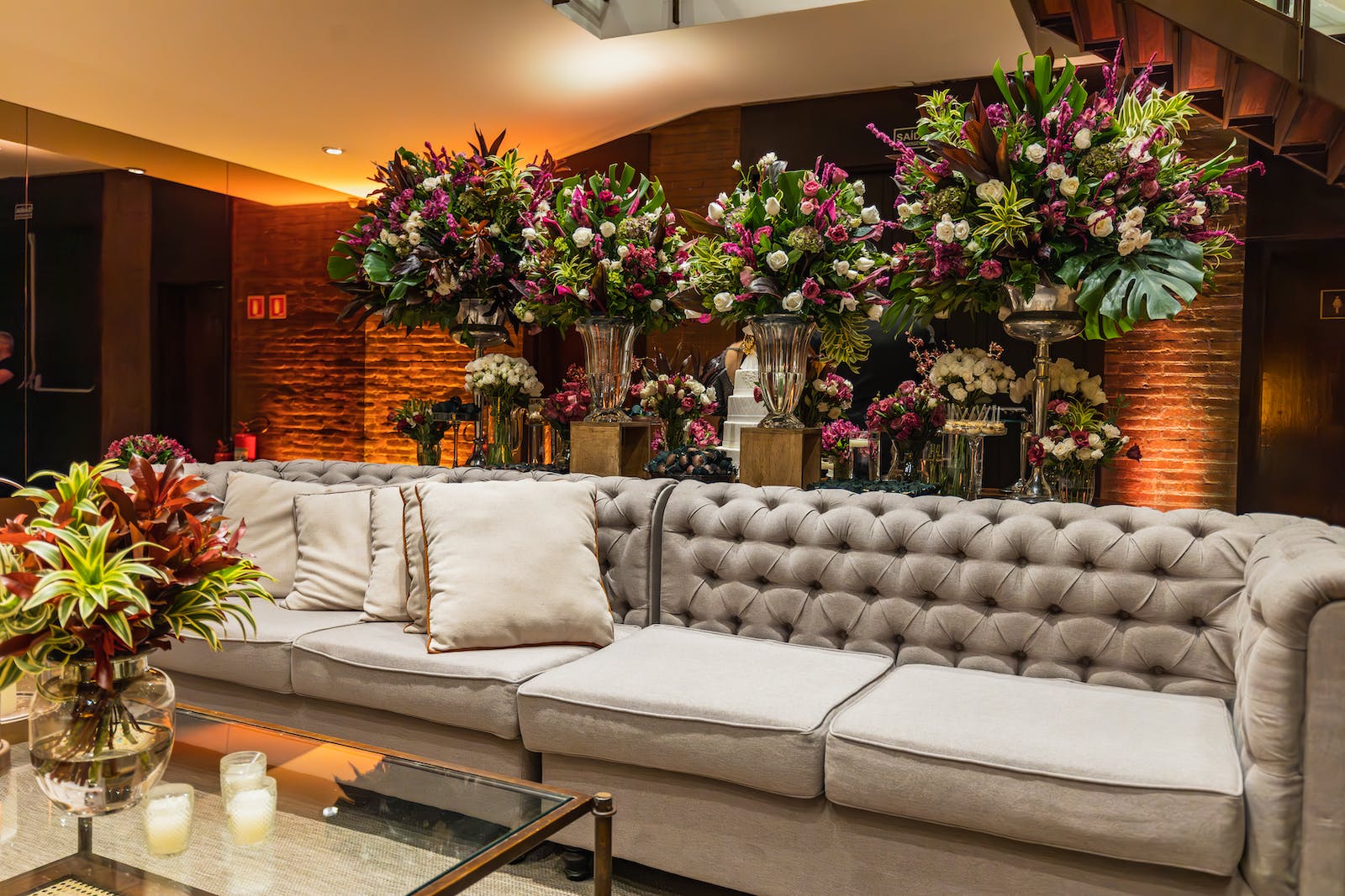 flowers and luxury sofa in a restaurant